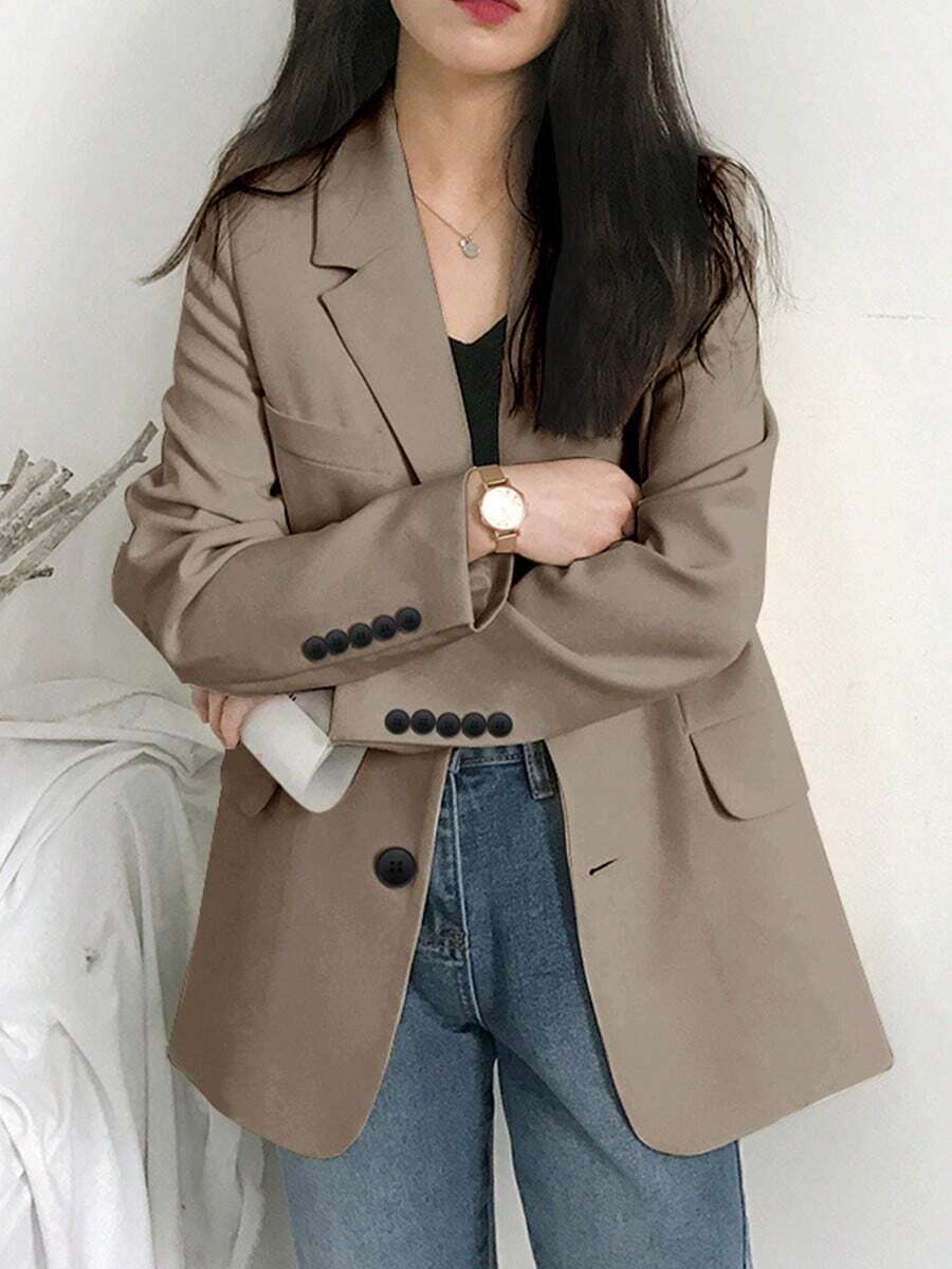 Blazers de Mujer, Mujeres casual suelta otoño Inglaterra delgada chaqueta de negocios ,Blazer informal de poliéster con cuello de solapa, botones al frente, manga larga y bolsillos para mujer, corte regular para uso diario - Caqui - Ver 1
