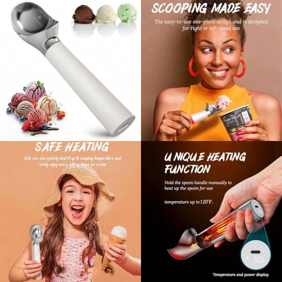 Heated Rechargeable Ice Cream Scoop Electric Scooper For Hard Ice Cream Self Warming Spoon Max To 158with LED Display Rechargeable Battery RustProof Metal Easy To Clean - White - View 1