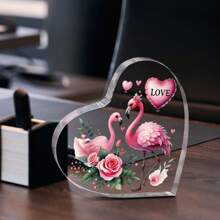 زينة أكريليك قلب بشكل فلامنغو مسطح 2D - بتصميم وردة وبالونات زهرية، مناسب لعيد الحب، عيد الميلاد، الذكرى السنوية، تركيب بدون بطاريات، زينة كلاسيكية بشكل فلامنغو للمكتب المسطح 2D