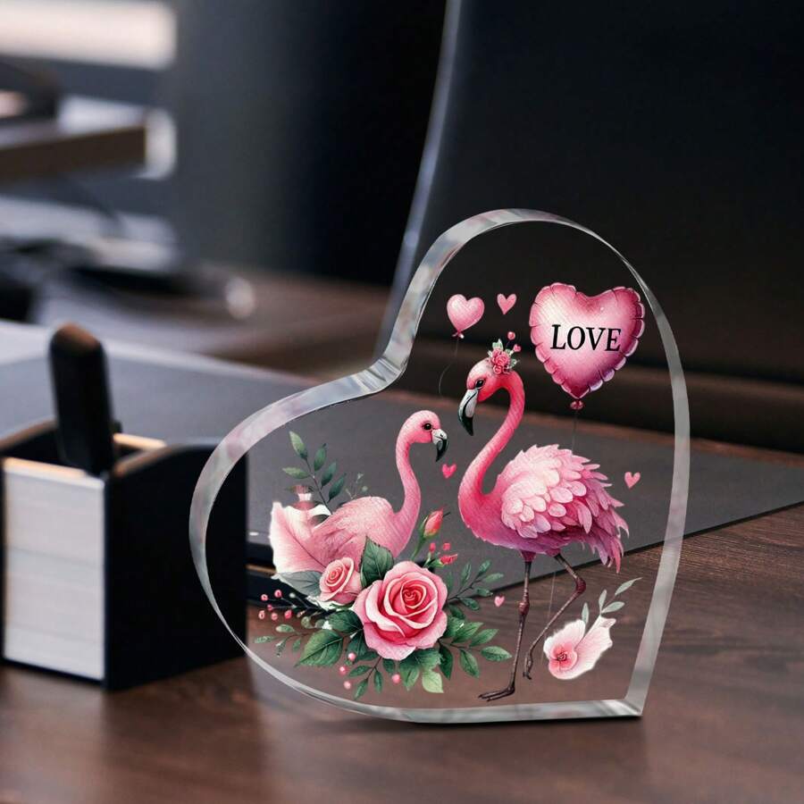 زينة أكريليك قلب بشكل فلامنغو مسطح 2D - بتصميم وردة وبالونات زهرية، مناسب لعيد الحب، عيد الميلاد، الذكرى السنوية، تركيب بدون بطاريات، زينة كلاسيكية بشكل فلامنغو للمكتب المسطح 2D