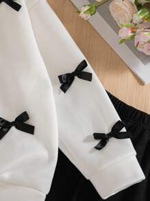 Conjunto de 2 peças de moletom com capuz e calça de lã com decoração casual de laço, gola redonda, ombro caído, manga comprida, para meninas, adequado para outono e inverno