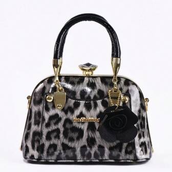 Gray Leopard Print Handbag, Elegant And Chic Black Leopard Print Shell Shaped Women's Handbag With Metal Frame Closure, Quality Lacquered Leather Material, Casual Exquisite Crystal Button Decor Women's Shoulder Bag With Adjustable Strap Length, Suitable For Ladies, Students, Office Women For Commuting, Shopping, Travel, Party Use