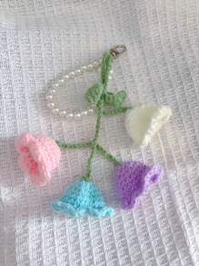 1pc Handmade Crochet Lily Of The Valley Keychain With Pearl Chain, Boho Style Bag Charm, Decorative Pendant For Backpacks Or Bags, Unique Birthday Gift Or Party Favor, 22cm (8.66 Inches) Length, Floral Design In Pastel Colors, Crochet Flowers