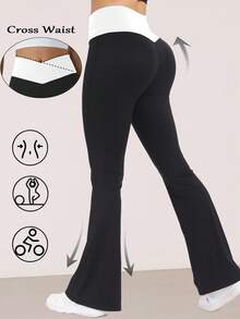 RUNONWHEELS 5 女士瑜伽裤，收腹提臀，撞色V腰喇叭裤腿设计，前片无缝，高腰交叉设计，塑形舒适，适合日常穿着。 - 黑與白 - 查看 8