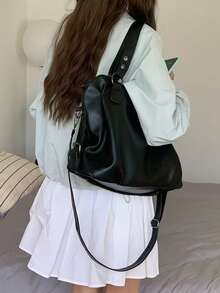 (8972)Rivet Detail Shoulder Bag, Vintage PU Crossbody Bag, Large Capacity Handbag - 黑色 - 查看 10