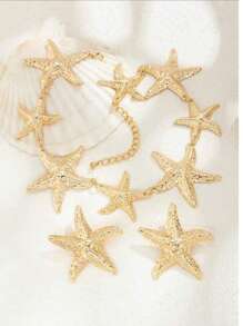 3pcs/Set Fashionable Metallic Texture Starfish Earrings And Necklace Set, Metallic Starfish Stud Earrings, Suitable For Beach Outfits