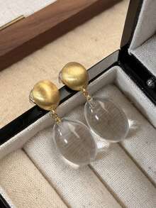 1 Pair Oval Resin Drop Earrings, Vintage French Textured Metal Ball And Teardrop Earrings, Fashionable