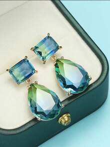 1 对奢华泪珠形和方形耳环，适合女性在任何场合佩戴 - 綠色 - 查看 1