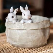 1 Piece Of 2 Cute Bunnies Flower Pot/Flower Pot For Indoor Outdoor Plant Resin Succulent Plant Pot With Drainage Hole  Cute Bunnies Pot Room Decoration - 白色 - 查看 4