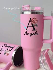 1PC Custom Stainless Steel Water Cup With Handle And Straw, Featuring 26 Letters And Floral Patterns, Ideal Travel Companion, Convenient To Carry, Suitable For Car Use, Pink Water Cup, Perfect Gift For Friends ,Sister,Family.