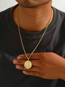 1 件复古金属风格不锈钢镀金扭链项链，带圆形瓜达卢佩圣母玛利亚吊坠，欧洲宗教元素金色瓜达卢佩圣母吊坠项链 - 金色 - 查看 2