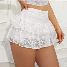 Women's Lace Ruffle Drawstring Pleated Cute Cake Mini Skirt, Suitable For Gathering, Shopping, Party, White