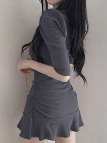 夏季甜美优雅方领露肩泡泡袖修身迷你连衣裙 - 深灰色 - 查看 1