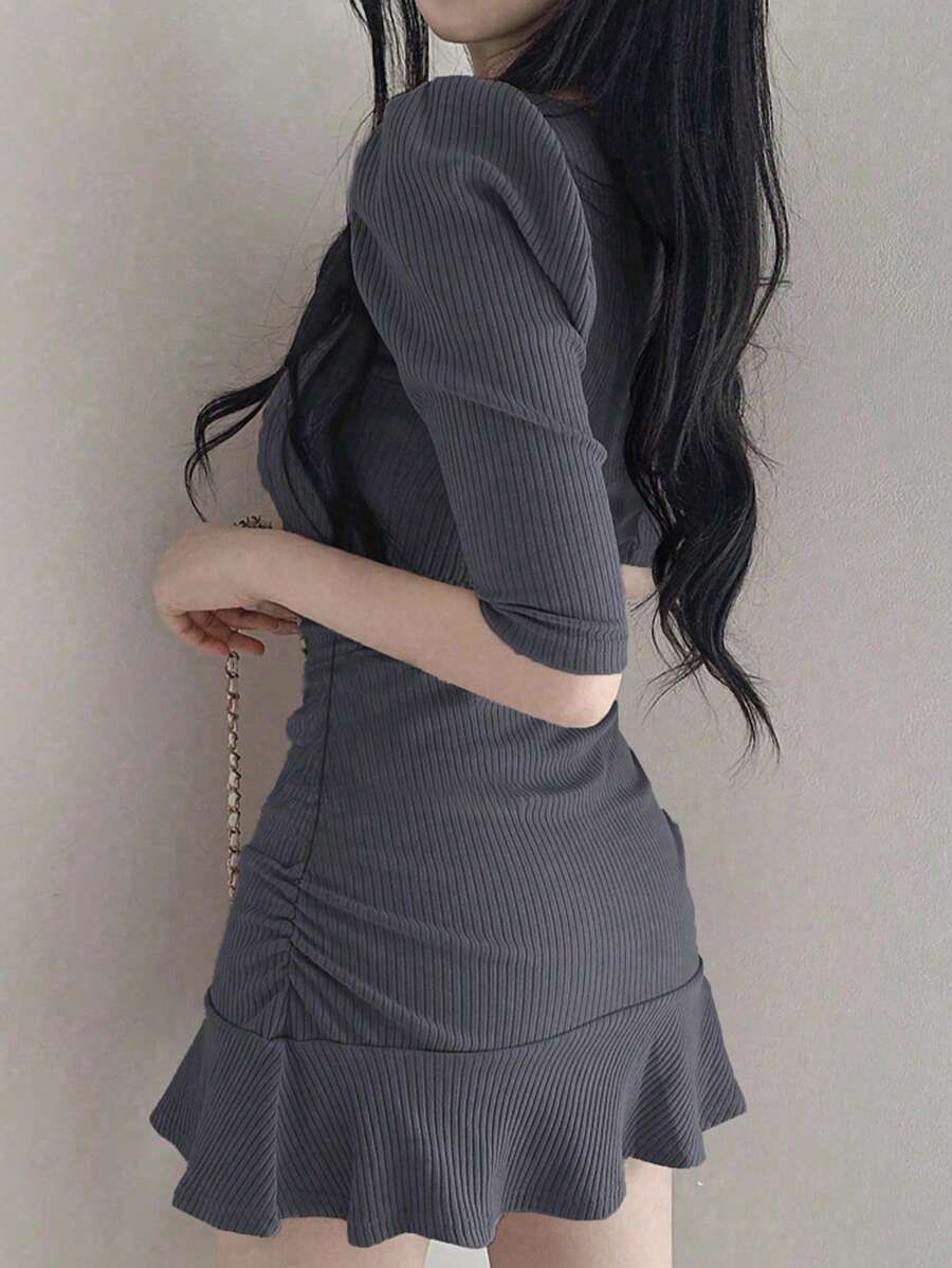 夏季甜美优雅方领露肩泡泡袖修身迷你连衣裙 - 深灰色 - 查看 1