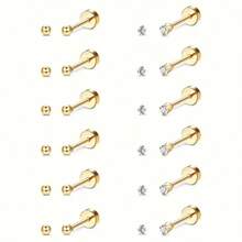 SENLANSP 6 Paar/12 Paar 2mm Micro CZ/kugelförmige Ohrringe mit Flachrücken, geeignet für Frauen und Männer, Edelstahl hypoallergene Ohrringe, bequeme Schraubverschluss Ohrknorpel Ohrringe