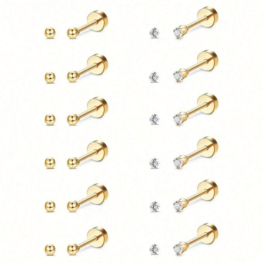 SENLANSP 6 Paar/12 Paar 2mm Micro CZ/kugelförmige Ohrringe mit Flachrücken, geeignet für Frauen und Männer, Edelstahl hypoallergene Ohrringe, bequeme Schraubverschluss Ohrknorpel Ohrringe