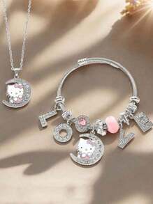 Set di 2 pezzi di gioielli di alta qualità scintillanti in argento - Collana con pendente di Hello Kitty e braccialetto "Love", regalo di San Valentino di per la fidanzata, autorizzato da Sanrio