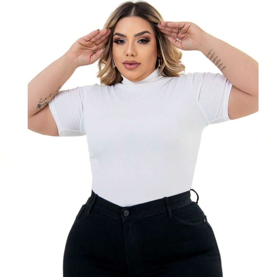 Cacharrel Women's Plus Size Blouse Short Sleeve High Neck Ribbed GG To G3 - White - View 1