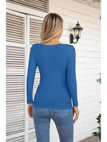 Womens Fashion Fall Cutout Long Sleeve Ribbed Slim Fitted Tops Shirts Tee Tshirts - 長藍 - 查看 4