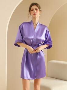 Women's Silk Nightgown Wedding Dressing Robe Lightweight Cardigan Robe Bridal Morning Robe Friend's Robe, Suitable For Home And Hotel Wear. - Light Purple - View 7