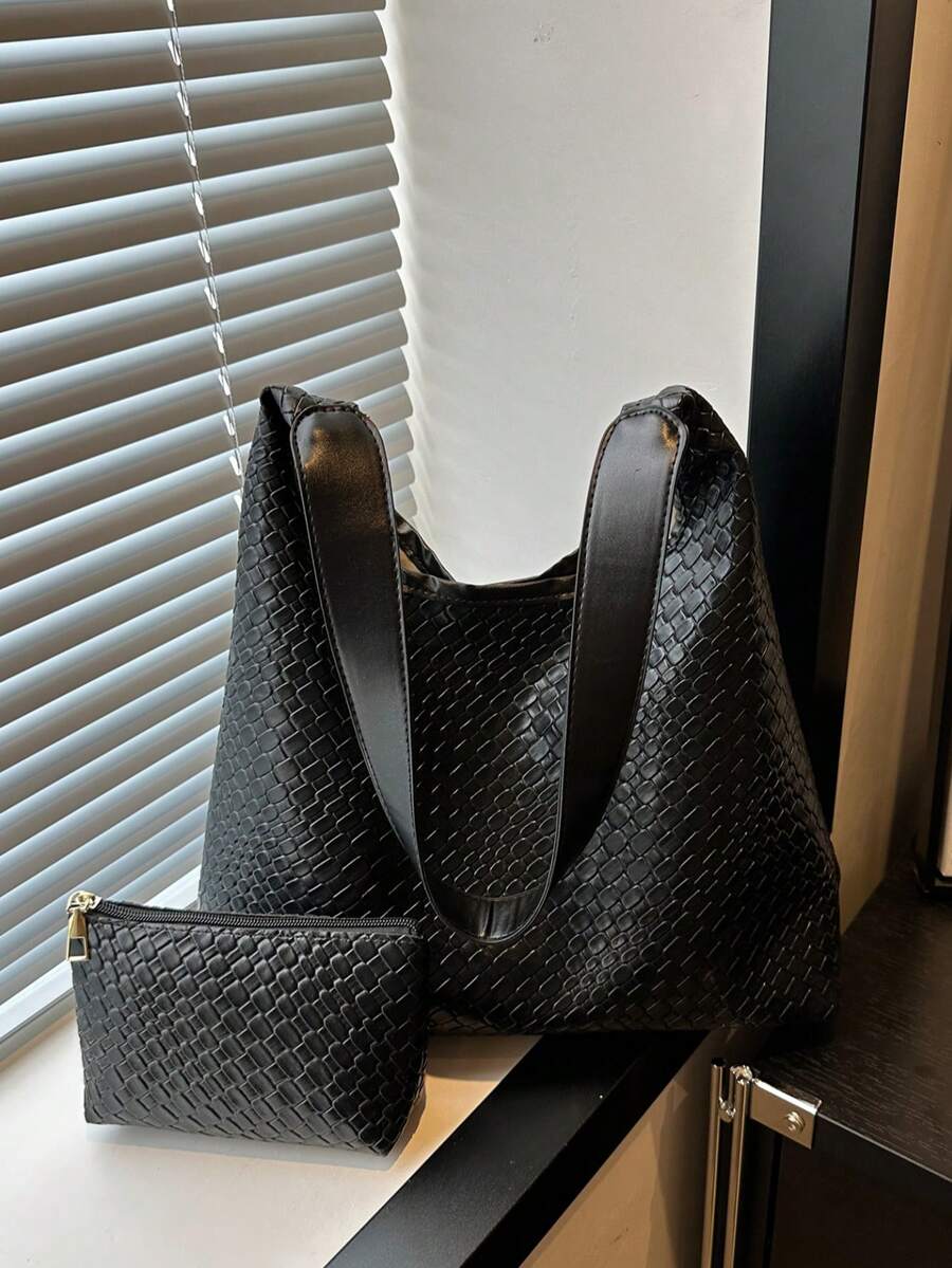 1 Pc Women's Fashion Crescent Woven Shoulder Bag With Inner Coin Purse - Black - View 1