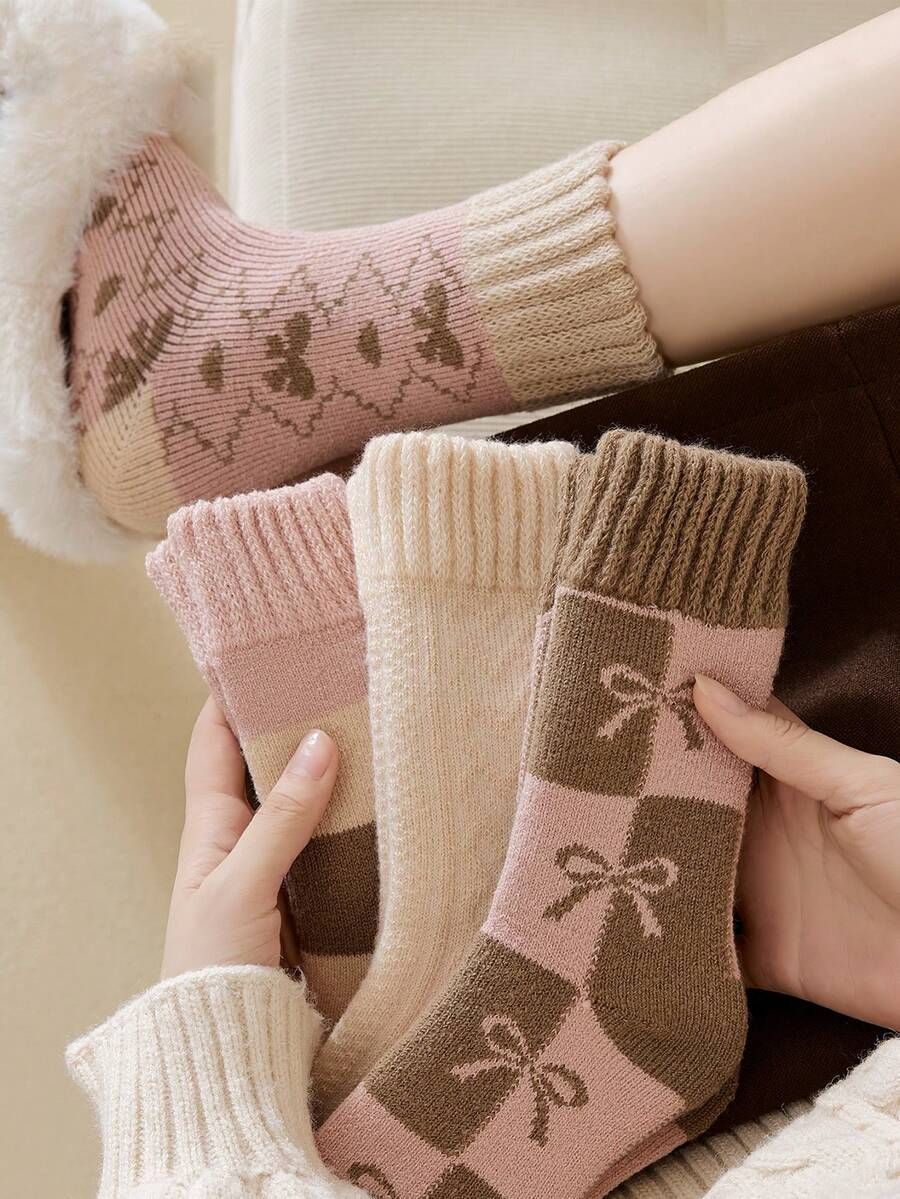 2/4双装女士可爱甜美粉色蝴蝶结图案加厚保暖中筒袜，圣诞礼物，加厚柔软保暖舒适冬季袜，可作睡袜、地板袜，防寒保暖，颜色随机，适合日常穿着和外出，秋冬季节适用。 - 彩色 - 查看 1