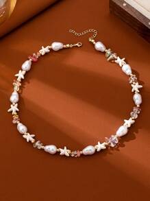 1pc Handmade Faux Pearl Starfish Choker Necklace With Colorful Beads, Fashion Jewelry For Women, Suitable For Daily Wear And Vacation, Random Color Beads
