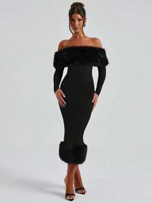 优雅蓬松露肩收腰连衣裙，适合婚礼、鸡尾酒会等场合，春季黑色 - 黑色 - 查看 4