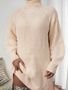 Plus Size Plain Turtleneck Sweater Dress - Apricot - View 2