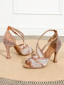 Women's Brown Latin Dance Shoes Breathable Mesh Tango Ballroom Dancing Shoes Cuban Heel Lady's Rhinestone Wedding Shoes 9cm Heel