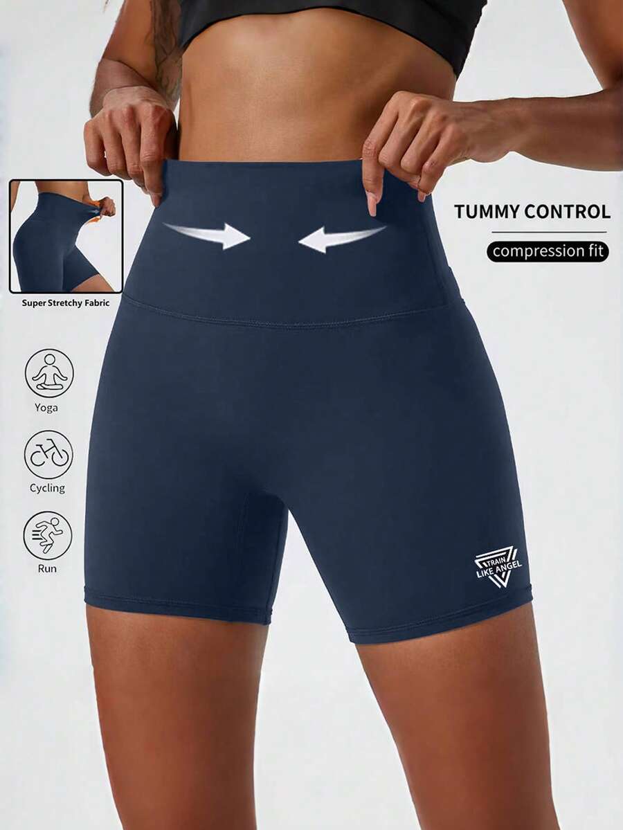 Quần short thể thao nữ co giãn cao, in chữ, màu nude, thích hợp cho chạy bộ, tập thể dục, đạp xe trong nhà và ngoài trời, chất liệu thoáng khí, quần short thể dục mùa hè. - Màu xanh bụi bặm - Xem 1