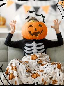 1 件万圣节南瓜和鬼魂拼布毯 - 可翻转四季涤纶毯，适合居家/旅行 - 可机洗 70x100 厘米