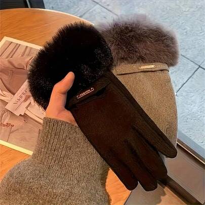 1 par de luvas de inverno femininas elegantes com tela sensível ao toque - quentes, à prova de vento, grossas, forro de lã de alta qualidade, punhos macios e felpudos, adequadas para esportes ao ar livre e clima frio, essenciais para fashionistas - presente ideal