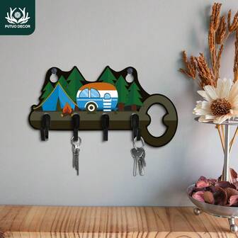 Putuo Decor 2D Flat 1pc Camper Van Shaped Wooden Hanging Sign Key Holder For Wall, Wood Hanging Plaque Key Hanger For Home Living Room, Gift For Birthdays, Weddings, Anniversaries, Christmas, Thanksgiving, Travel, And Decorations