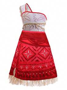 2pcs/Set Girls Red Sleeveless One-Shoulder Dress & Necklace Set, Children Princess Role-Play Stage Performance Halloween Costume
