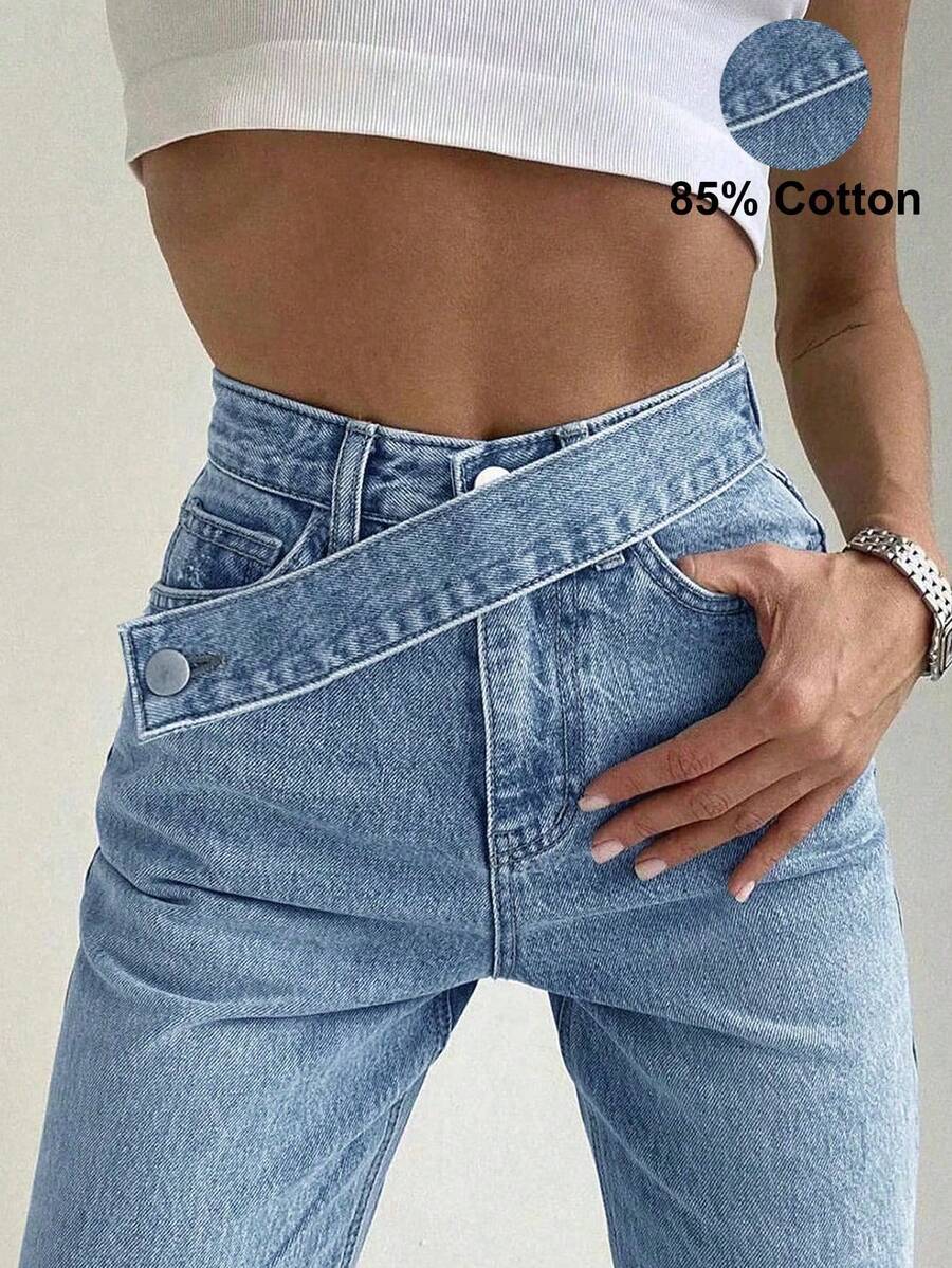 Quần jeans nữ kiểu dáng Y2K, chất liệu denim mài, thiết kế bất đối xứng, có túi bên hông, thích hợp cho mùa xuân. - Rửa nhẹ - Xem 1