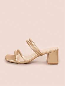 Sandalias de tacón alto con tira gruesa de piel sintética de unicolor, elegante punta cuadrada, estilo minimalista y elegante para oficina, boda y fiesta en verano - Dorado - Ver 5