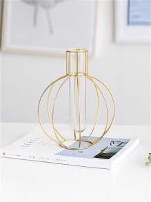 1 Stück moderne industrielle Metallvase mit goldenem geometrischen Maschenunterteil, nordischer minimalistischer Wohndekoration für Wohnzimmer/Hochzeit/Büro, rustikale Tischdekoration als Geschenk für Weihnachten, Einweihungsparty, Raumdekoration, Blumenvase, Glasvase