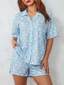 Women 2 Piece Pajamas Set Short Sleeve Floral Print Button Shirt Tops Shorts - Màu xanh lam - Xem 4