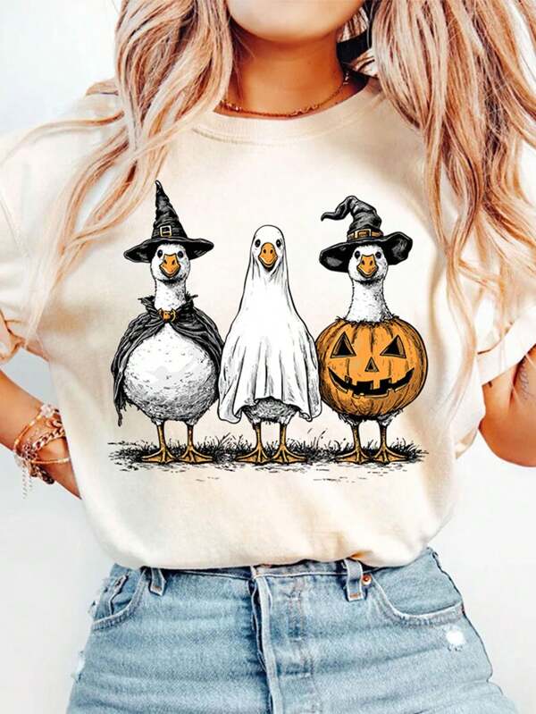 Retro Halloween Boo Ghost Goose Autumn DIY Iron-On Heat Transfer Sticker Decal Patch, Suitable For T-Shirts, Sweatshirts, Pillowcases, Fabric, Canvas Bags And Clothing Decoration, Holiday Party Decor, Handmade, 10inch