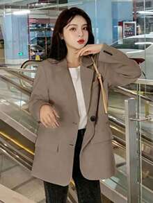 Blazers de Mujer, Mujeres casual suelta otoño Inglaterra delgada chaqueta de negocios ,Blazer informal de poliéster con cuello de solapa, botones al frente, manga larga y bolsillos para mujer, corte regular para uso diario - Caqui - Ver 3