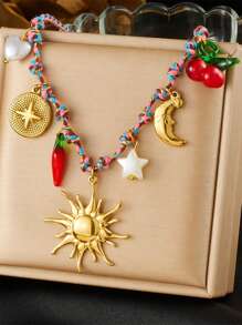 1 Creative, Personalized, Multi Colored Braided Rope Chain Necklace With Gold-Plated Circle, Geometric Shape, Sun Flower, Conch Pendant, Stainless Steel Collarbone Chain