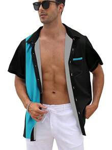 Vintage 1950s Casual Short Sleeve Button Up Contrast Summer Color Block Cuban Bowling Shirts Men - 藍色環礁和黑色 - 查看 5