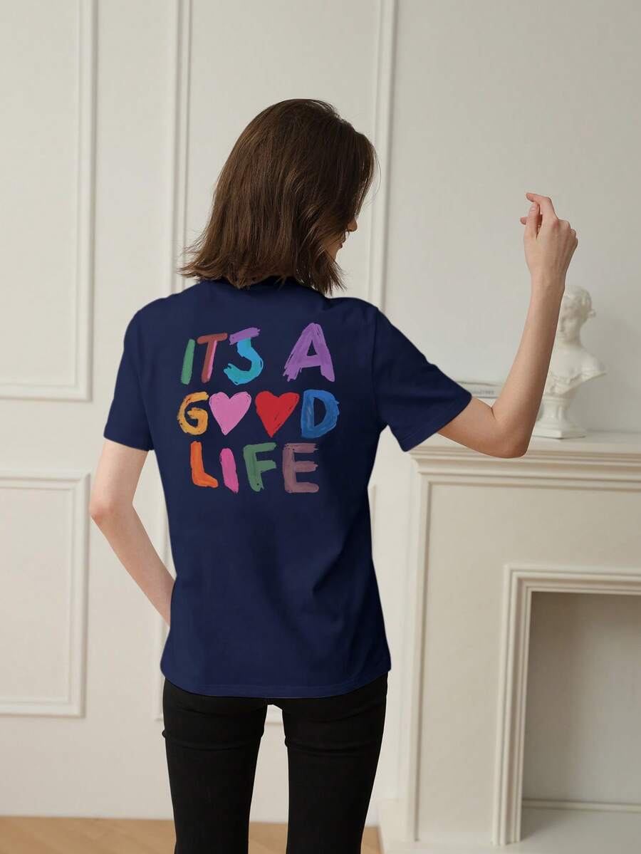 Women's Colorful Slogan Print Casual Round Neck Short Sleeve T-Shirt, New Summer Fashion, Suitable For Daily Wear. Women's Vacation Graphic Tee, Women's White Top