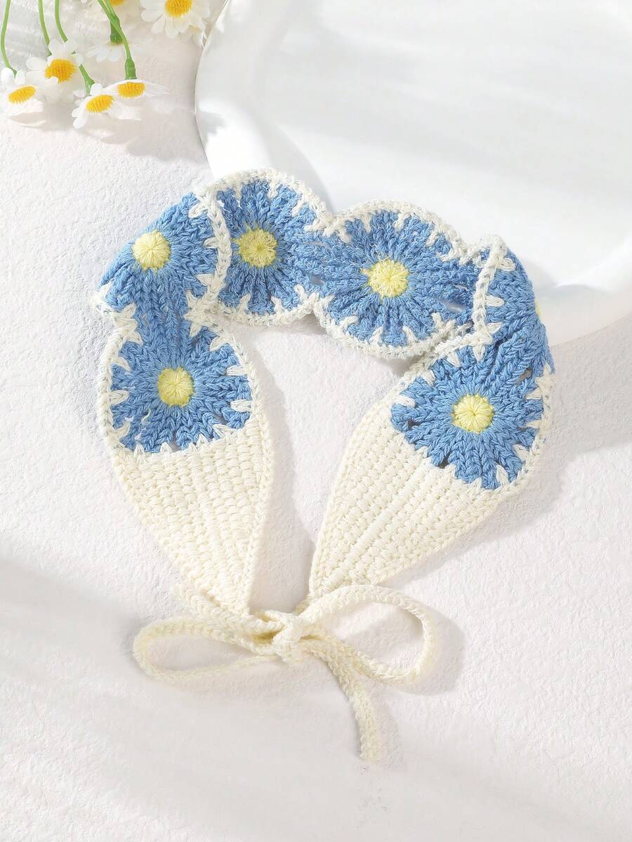 1pc Daisy Flower Hollow-Out Knitted Headband, Fashion Contrast Color Suitable For Daily Outfit Hair Accessories Fashion Head Wrap, School Stuff, College, Headbands Autumn Accessories Beach Accessories For Women Fall Winter Hair Band For Vacation Outfits Woman Elegant Scarf - 藍色 - 查看 1