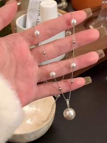 1 件法国轻奢珍珠吊坠锆石项链，尽显奢华感，时尚气质，轻奢百搭锁骨链，适合女性日常佩戴 - 珍珠項鍊 - 查看 3