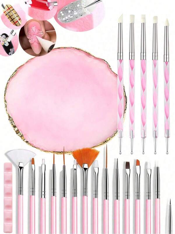 15/21 Pcs Pink Nail Art Tool Set, Include 15 Nail Art Brushes , 1 Resin Palette Nail Art Painting, 5 Mixed Color 2 Way Acrylic Silicone Carving Pen Dotting Pen, Tool Manicure Kit, DIY Makeup Display Board, For Home Salon.