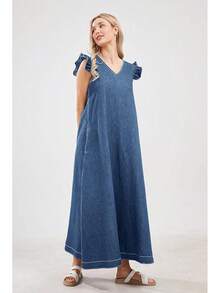 Womens Long Dress Casual Loose Fit Ruffle Sleeveless Jean Maxi Dresses Women 2025 - 藍色 - 查看 3