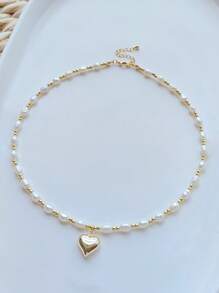 1pc Women Natural Freshwater Pearl Necklace With Heart Pendant, Minimalist Beaded Choker Necklace, Versatile For Daily Wear
