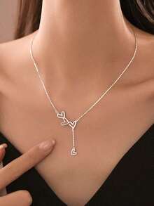 1 pieza Exquisito collar de cadena de clavícula con borla en forma de corazón de plata esterlina S925, diseño minimalista delicado, regalo de/cumpleaños para mujeres - Plateado - Ver 2